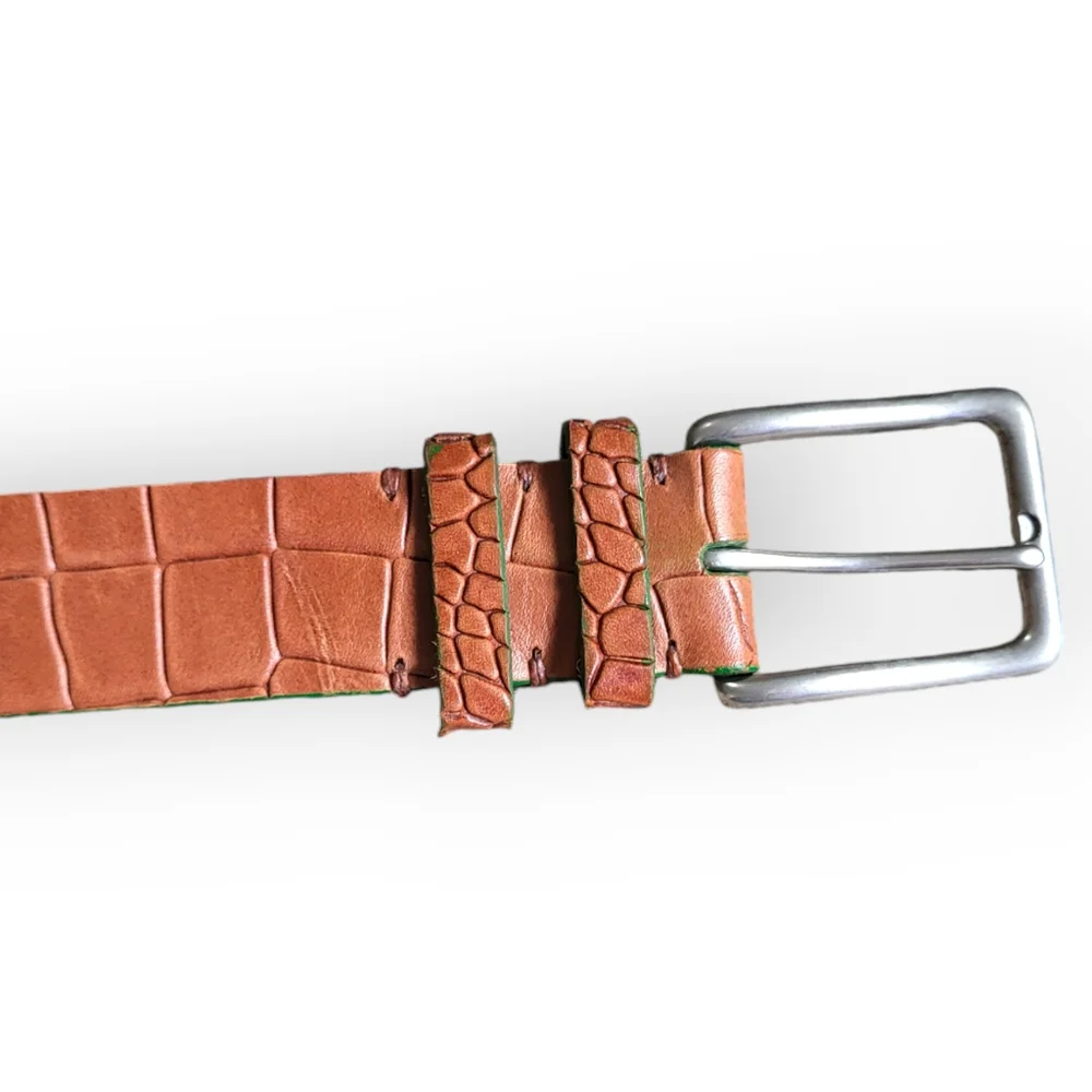 TORINO Italian Embossed Calf Leather Belt in Tan with Green Trim Size 34